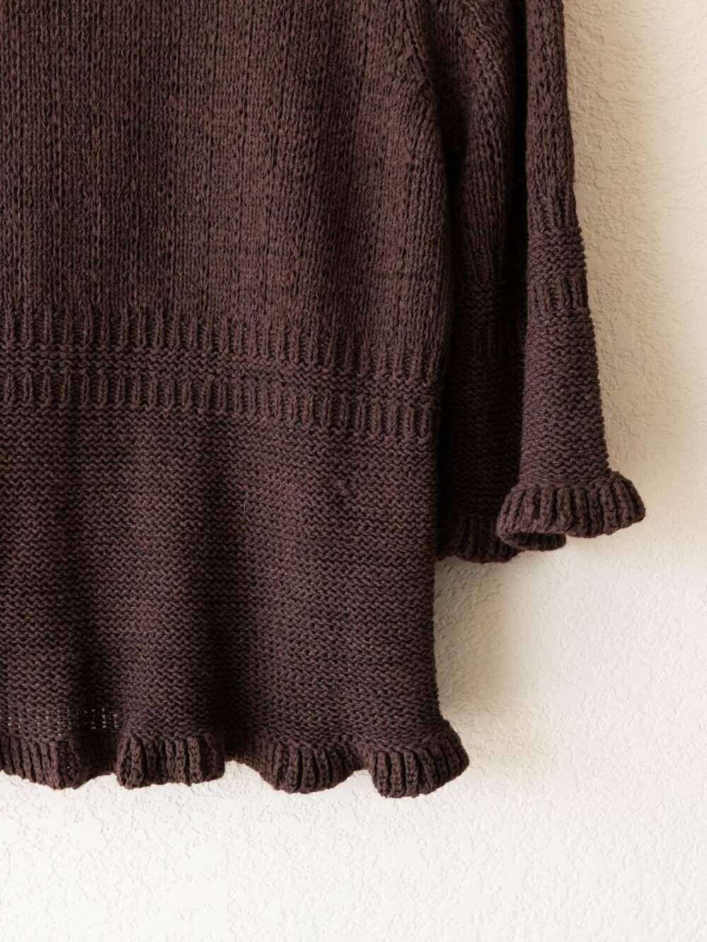 C'est City Cardigan Womens L Chocolate Brown Ruffle Knit Short Sleeve Boho Y2K - Picture 13 of 14